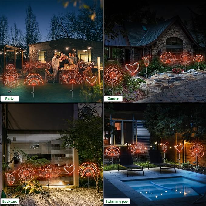 Solar Garden Lights Outdoor Waterproof, 2 Pack 120 LED Solar Firework Lights Decorative Garden Décor Outside for Flowerbed Pathway Party Christmas Decorations, Orange