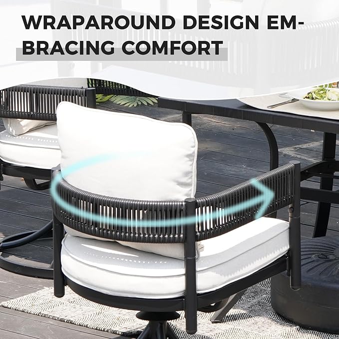 Grand patio 5-Piece Outdoor Dining Set for 4 with 1 Rectangle Expandable Table for 4-6 Person, Metal Woven Wicker Swivel Patio Chairs with Thickened Cushions for Yard, Poolside (Black)