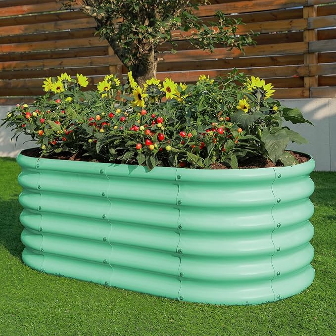 Land Guard 18“ Tall 4×2ft Galvanized Raised Garden Bed Kit, Galvanized Planter Garden Boxes Outdoor, Oval Large Metal Raised Garden Bed for Vegetables……… (Lime Green, 4×2×1.5ft)