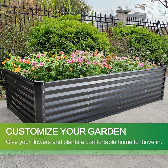 GARDMAX 8x4x2FT Galvanized Raised Garden Bed Kit, Metal Planter Boxes Outdoor with Easy Assembly, Large Garden Bed for Vegetables, Fruits, Flower, Herbs Rectangle Dark Gray