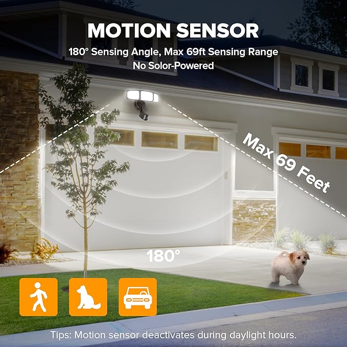 LUTEC 72W 7500LM LED Security Lights Motion Sensor Light Outdoor, 5000K Daylight, IP65 Waterproof, Dusk to Dawn, 3-Head Motion Detected Flood Light for Garage, Yard, Porch(Brown)