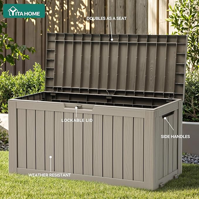YITAHOME 72 Gallon Outdoor Resin Deck Box with Wheels, Pool Storage Box for Outdoor Cushions, Sports Equipment, Garden Tools, Light Brown