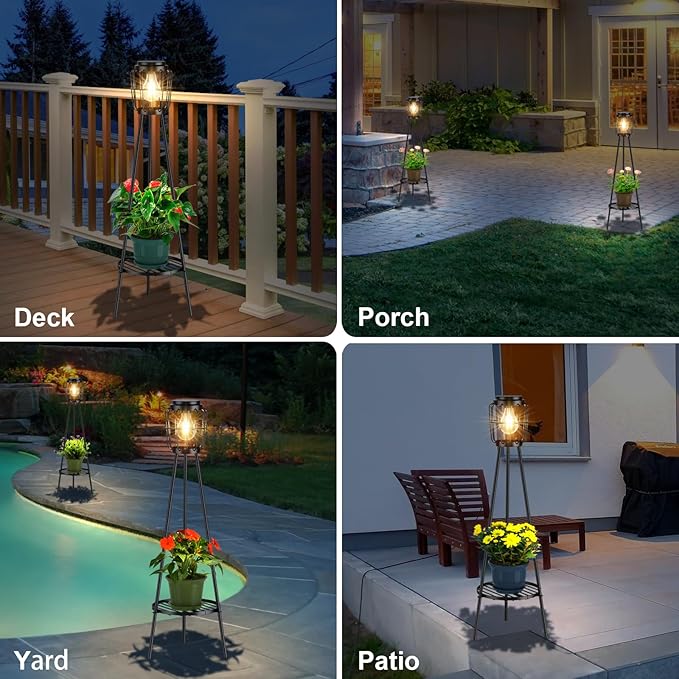 2 Pack Solar Lights with Plant Stand, Outdoor Floor Lamp, Waterproof Solar LED Edison Bulb Floor Lamps for Patio Porch Deck Yard Garden Decor