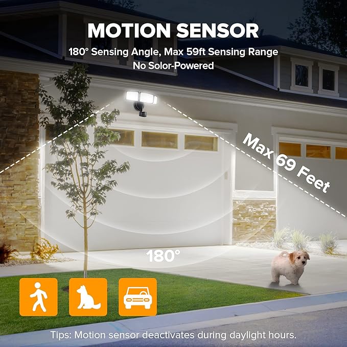 LUTEC 2 Pack 72W 7500LM LED Security Lights Motion Sensor Light Outdoor, 5000K Daylight, IP65 Waterproof, Dusk to Dawn, 3-Head Motion Detected Flood Light for Garage, Yard, Porch(Black)
