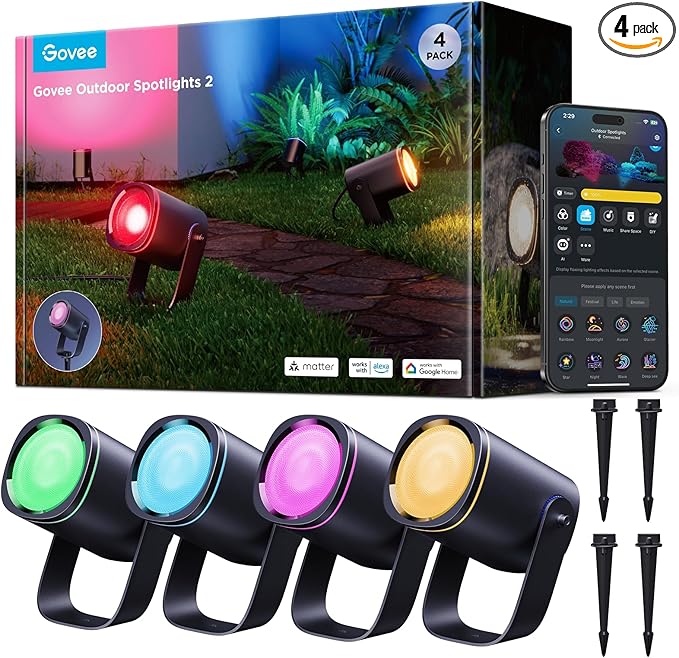 Govee Outdoor Spot Lights 2, IP67 Waterproof Spotlights, Landscape Lights Work with Matter, Alexa, and Google Assistant, RGBWIC Color Changing Light for Outdoor Decor, Patio Decorations, 4 Pack