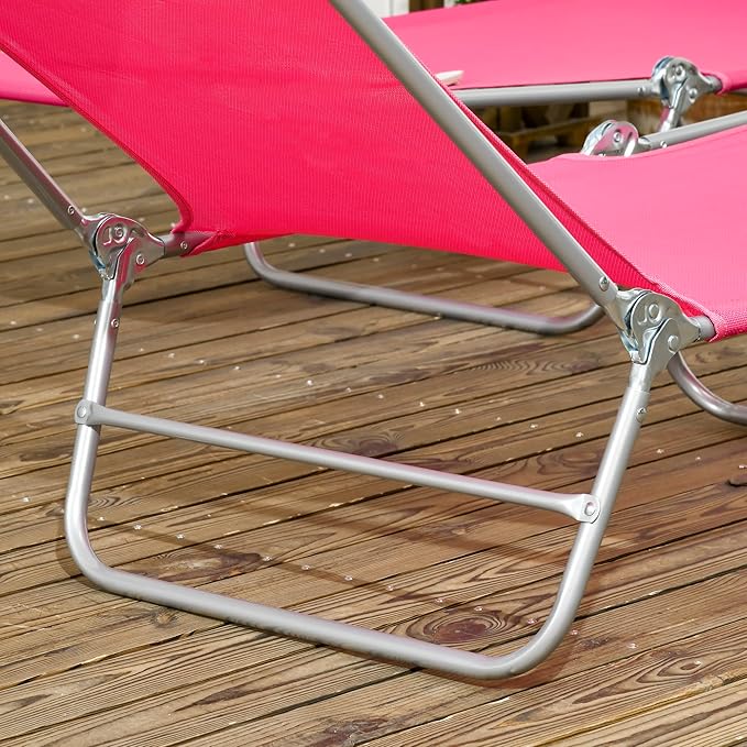 Outsunny 2 Piece Folding Chaise Lounge Chairs, Pool Sun Tanning Chairs with Reclining Back, Breathable Mesh Seat, Headrest for Beach, Yard, Patio, Pink