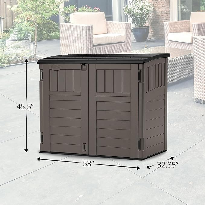 Suncast 34 Cu Ft Horizontal Resin Storage Shed - Outdoor Storage Shed with Floor Included, Lockable, Weatherproof, Fits Small to Medium Trash Cans, Generators, & Garden Tools, Stoney Black