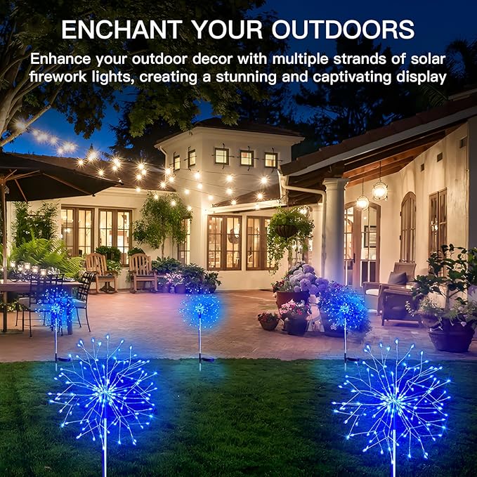 suddus Solar Garden Lights Outdoor Waterproof Decorative, 2Pack 150LED Firework Lights, Solar Fairy Lights for Yard, Garden, Party, Patio, Pathway, Flowerbed - Blue