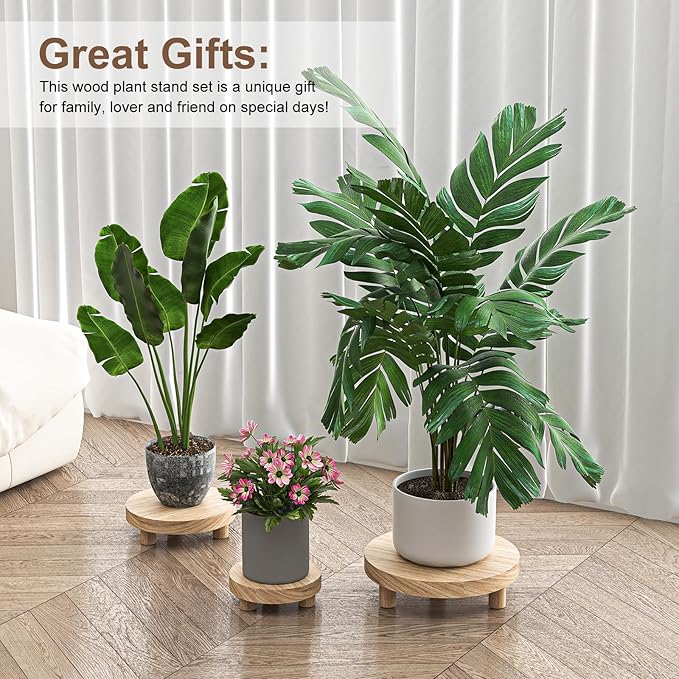 3 Pcs Wood Plant Stand Indoor Outdoor, Round Wood Riser for Decor 6/8/10" Wooden Stool Display Stand Flower Pot Holder Small Planter Tray Modern Potter Decorative for Desktop Counter Room (Natural)