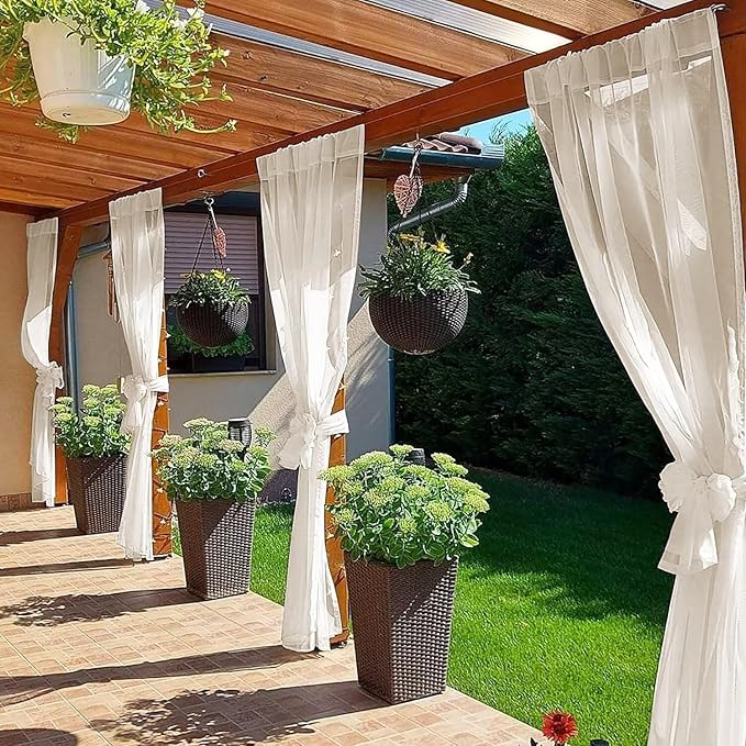 SpaceDresser Waterproof Outdoor Sheer Curtains for Patio - 2 Panels Rod Pocket Indoor Voile Sheer Curtain for Living Room,52W x 96L inch, Ivory