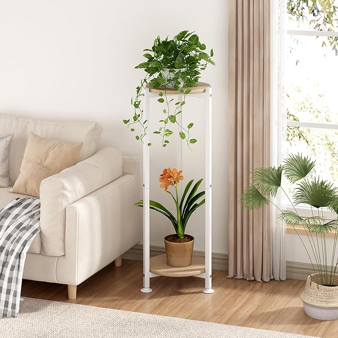 Plant Stand Indoor Corner Tall 2 Tier Metal Modern Flower Storage Plant Shelf Holder for Living Room Balcony Garden,White (2 Tier-White Round)