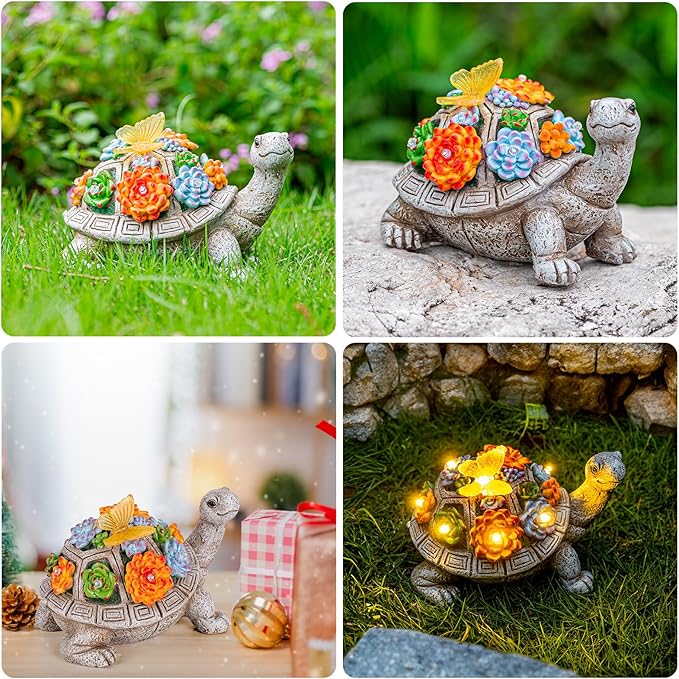 Solar Garden Outdoor Statues with Succulent and 7 LED Lights - Lawn Decor Tortoise Statue for Patio, Balcony, Yard Ornament - Unique Housewarming Gifts (Gray Turtle)
