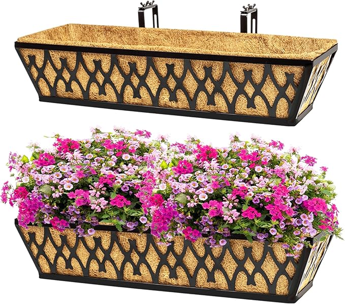 2 Pack 24 Inch Window Boxes Planters Railing Planter Box with Adjustable Brackets for Porch Fence Patio Balcony Hanging Flower Baskets with Coco Liners for Outdoor Garden Décor - Black