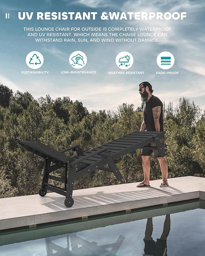 SERWALL Patio Chaise Lounge Chair, 78'' Long HDPE 5 Positions Adjustable Outdoor Lounger, Poly Lounge Chair with Rolling Wheels & Cup Holder for Pool, Obsidian Black