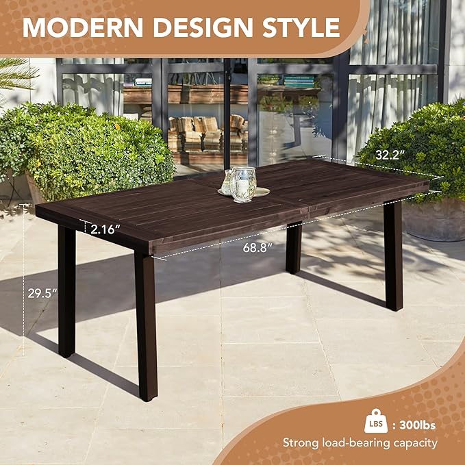 Devoko Home Acacia Wood Dining Table 6-Person Indoor Outdoor Table with Iron Legs, Sandblast Finish, Natural Stained, Rustic Metal, 69 * 33 * 30 inch (Espresso)