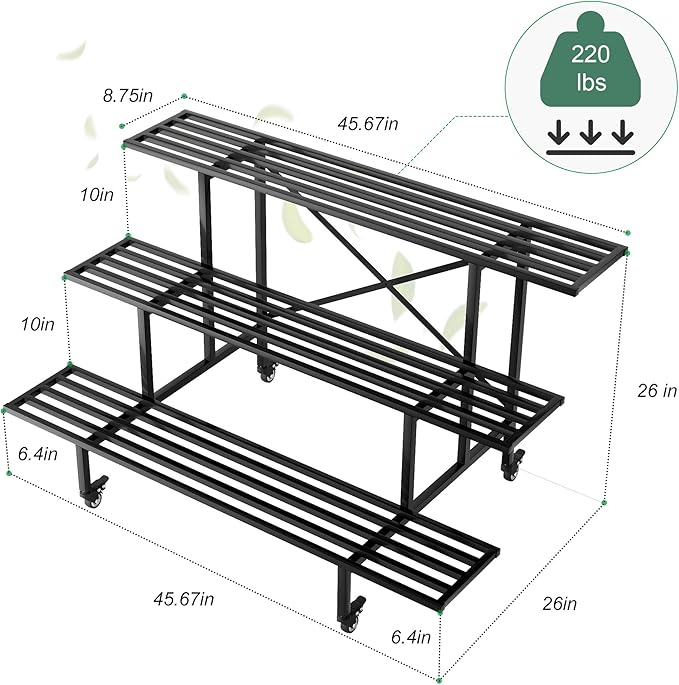 Zhongma 3 Tier Sturdy Metal Plant Stand with Wheels, L45.67 x W26 x H26 inch, Heavy Duty Plant Holder for Home Indoor and Outdoor, 660 LBS Capacity & Heavy Duty Construction