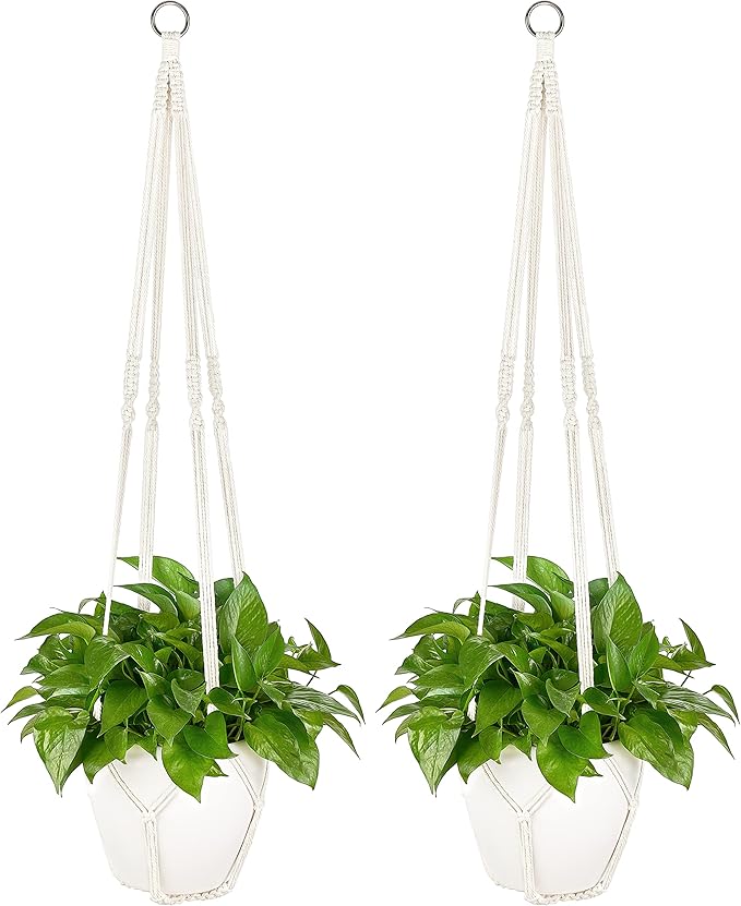 Dahey Macrame Plant Hanger Indoor Outdoor Hanging Planter Basket Large for up to 12" Pot Handmade Woven Cotton Rope Flower Pots Holder for Boho Home Decor, 43 Inch, Set of 2, Ivory