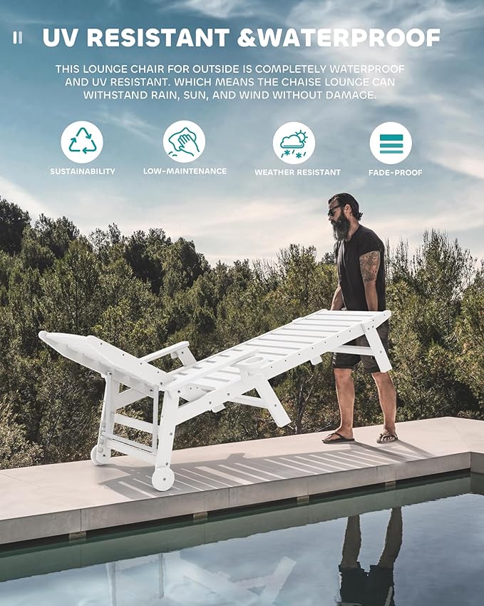 SERWALL Patio Chaise Lounge Chair, 78'' Long HDPE 5 Positions Adjustable Outdoor Lounger, Poly Lounge Chair with Rolling Wheels & Cup Holder for Pool, Light White