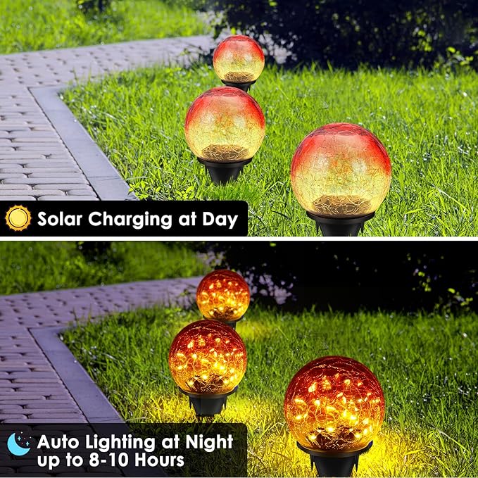 2 Pack 60 LED Garden Solar Outdoor Lights Decorative, Gradient red Cracked Glass Solar Globe Lights, Upgraded Waterproof Ball Lights for Yard Pathway Patio Lawn Christmas Outside Decor