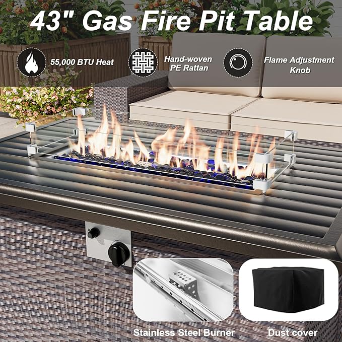 ALAULM 10 Pieces Patio Furniture Set with Propane Fire Pit Table Outdoor Sectional Sofas Patio Conversation Sets 43" Gas Fire Pit Brown PE Rattan Wicker w/8 Seat Cushions-Sand