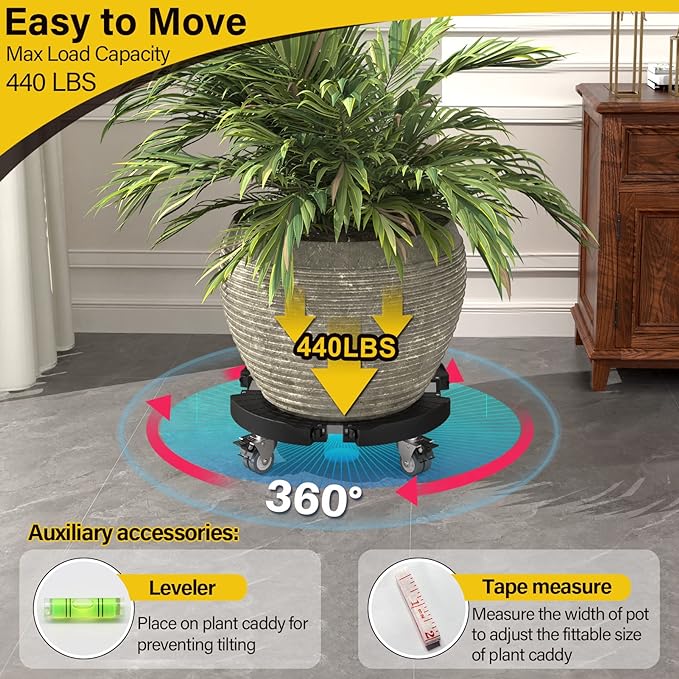 Goovilla Plant Stand with Wheels Heavy Duty, 2Pack Adjustable 15-22 Plant Caddy with Lockable Caster Wheels 440LBS, Rolling Plant Stand/Dolly/Roller for Indoor Outdoor Large Planter, Flower Pot,Black