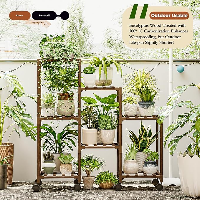 Bamworld Plant Stand with Wheels for Indoor Plants Wood Outdoor Tiered Shelf 3 Tire 7 Potted Ladder Plant Holder Table Pot Stand for Window Garden Balcony Patio Living Room (natureDL)