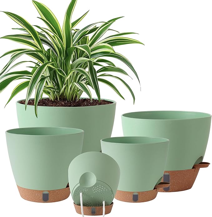Self Watering Pots for Inoor Ourdoor Plants 10/9/8/7/6.5 Inch Plastic Planters with Drainage Holes & Water Level Indicator, Decorative House Flower Nursery Planting Pots with Saucers (Green)
