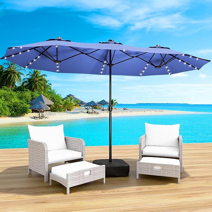 LEVELEVE 14FT Large Patio Patio Umbrella with Base & Solar LED Lights - Double-Sided,Blue