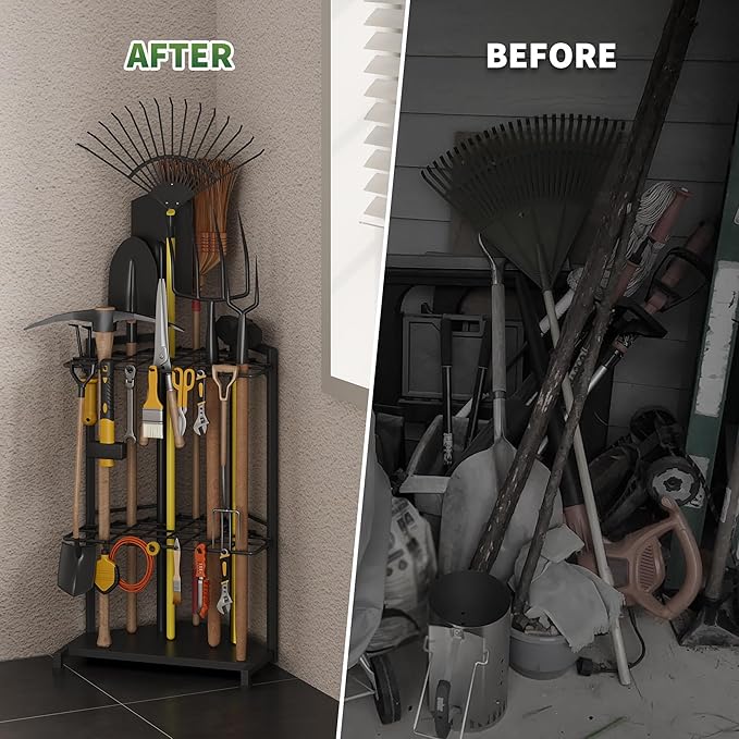 Garden Tool Organizer for Corner - Heavy Duty Metal Rack with 34 Storage Compartments & 14 Hooks for Shovels, Rakes, Long-Handled Tools, Ideal for Garden, Shed, Garage Storage