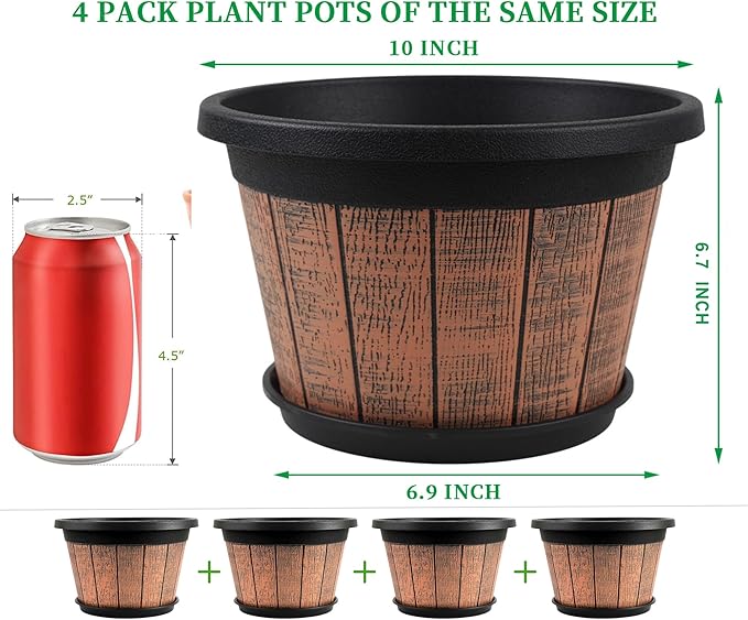 Quarut 4 Pack 10 inch Plant Pots,Upgrade Whiskey Barrel Planters with Drainage Holes & Saucer,Plastic Decoration Flower Pots Retro Design,Planters for Outdoor Indoor Garden Home Plants (Brown)