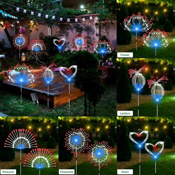 Solar Garden Lights Outdoor, 4 Pack Total 480 LED Solar Firework Lights Decorative 4th of July Decoration, Outdoor Waterproof Lights for Outside Yard Garden Pathway Decor