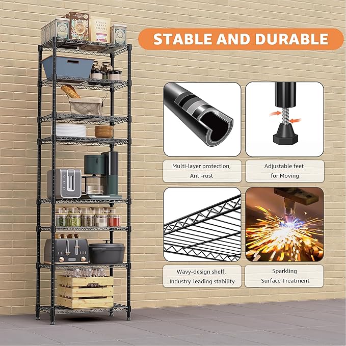8 Tier 2000 lbs Storage Rack Metal Wire Shelving Unit, Storage Standing Shelf Organizer for Laundry Bathroom Kitchen Pantry Closet Garage Basement Utility Room, Black 13.8" D x 23.6" W x 79.5" H