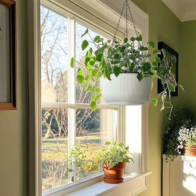 T4U 12 Inch Large Hanging Planters for Indoor Plants, 2 Pack Self Watering Pots Indoor, Hanging Baskets for Plants,Hanging Flower Pot with Drainage Hole and Plant Hanger, White