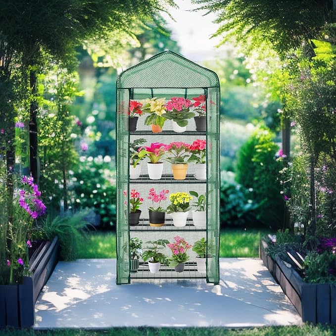 Mini Greenhouse for Indoor Outdoor,Plant Green House 4-Tier Rack Stand Portable Greenhouses with Durable PE Cover for Seedling, 2.5x1.6x5.2 FT Ideal Gardening Gifts for Women Men(PLGH704G)