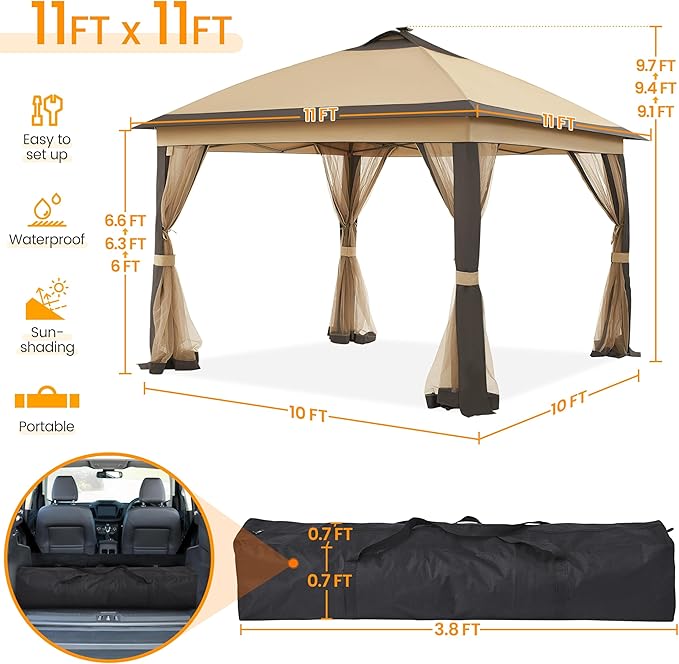 Yaheetech 11'x11' Pop Up Gazebo Instant Tent with 17 Solar LED Lights & Zippered Mesh Netting, Outdoor Shelter Sun Shade Gazebo with Sandbags for Backyard Garden Patio, Khaki & Brown