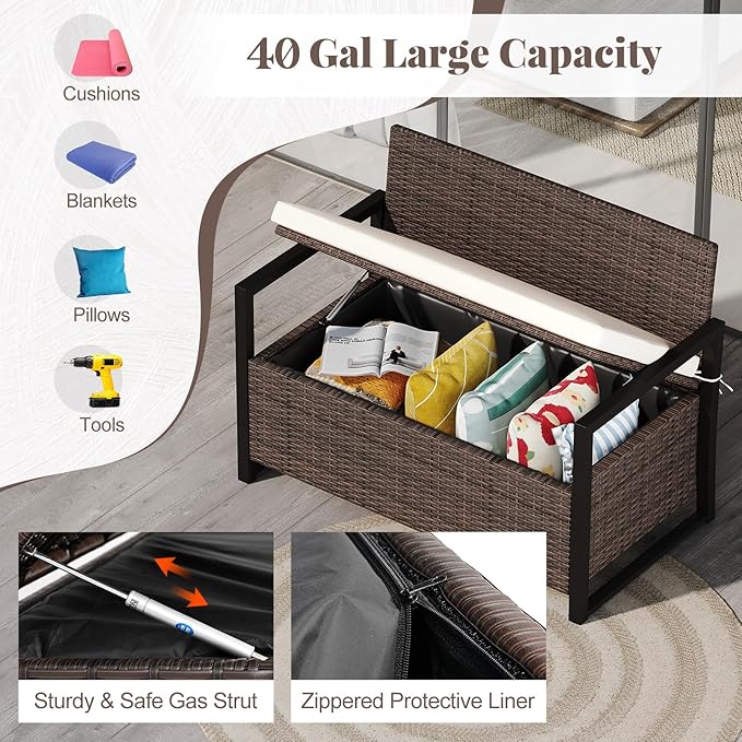 Tangkula 40 Gallon Outdoor Bench with Storage, Patio Wicker Storage Bench with Cushion, Cover, Metal Frame, Deck Box Seat for Backyard, Poolside, Balcony, Garden