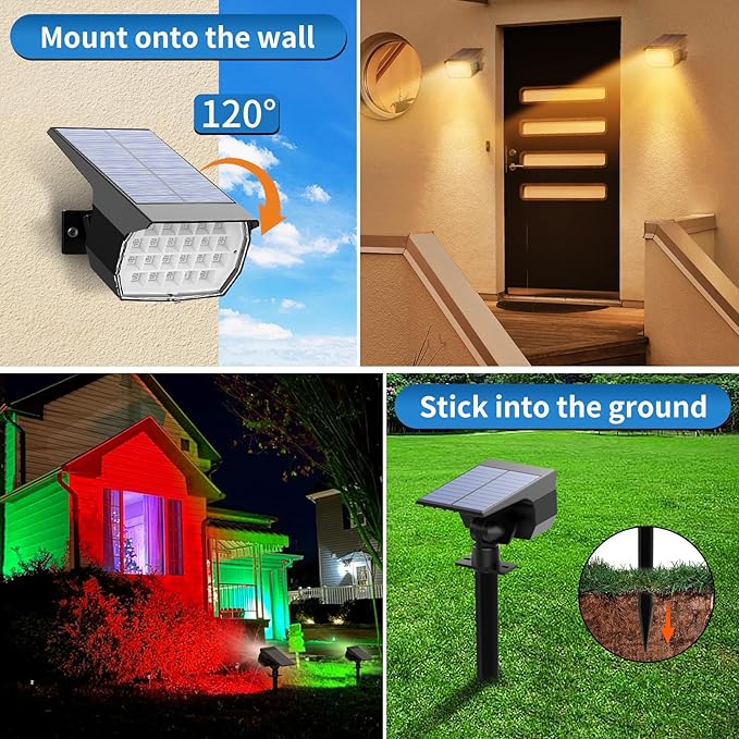 Solar Color Changing Spot Lights Outdoor Waterproof Colored RGB Solar Powered Landscape Lights for Yard 7 Lighting Modes Multicolor Solar Spotlights for Pathway Garden Outside (2 Pack)