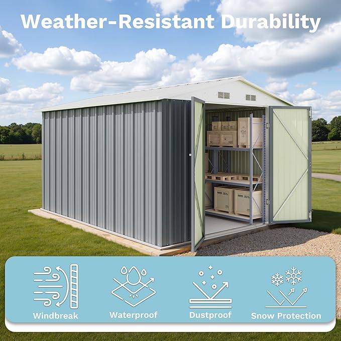 Greesum 8×10FT Outdoor Storage Shed, Metal Patio Storaged Sheds with Lockable Doors, Sheds & Outdoor Storage for Bike, Backyard, Pool and Garden, Gray