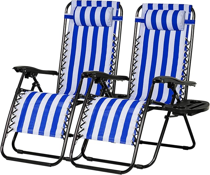 Nazhura Set of 2 Relaxing Recliners Patio Chairs Adjustable Steel Mesh Zero Gravity Lounge Chair Beach Chairs with Pillow and Cup Holder (Navy Blue Stripe)