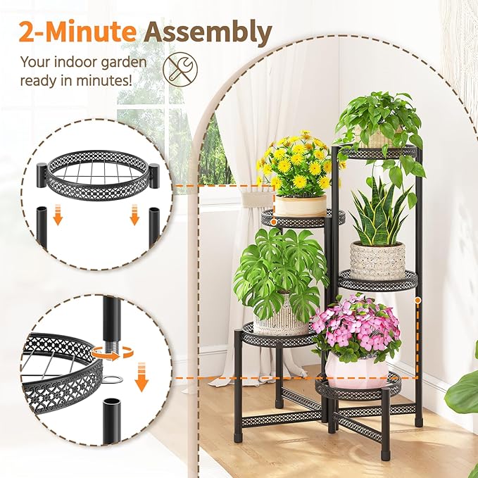 LASZOLA 5 Tiered Folding Tall Plant Stand Indoor Outdoor for Large Planter, Heavy Duty Metal Adjustable Multiple Flower Rack for Corner, Wrought Iron High Spiral Holder for Modern House Patio, Black