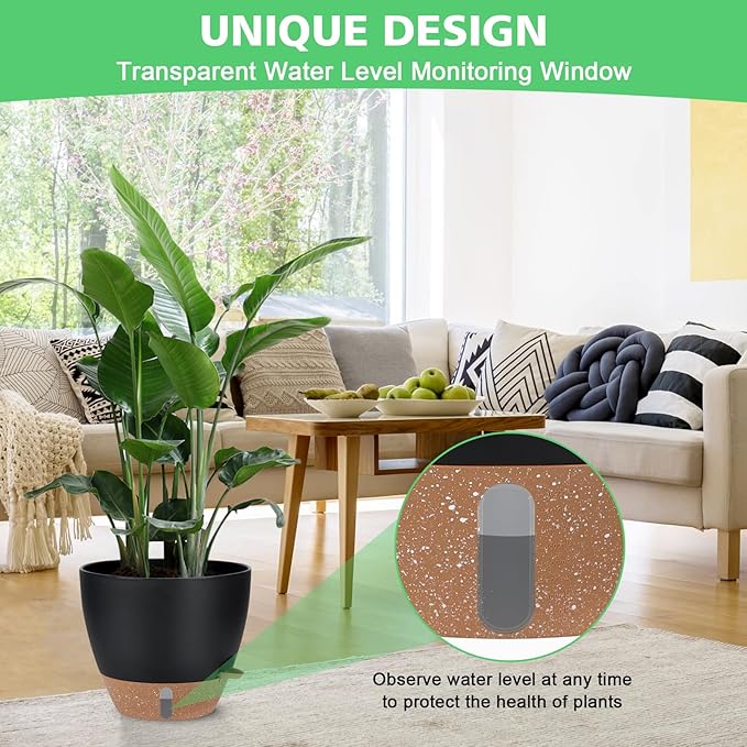 12" 10" 9" 8" Self Watering Pots with Water Level Indicator, Large Plastic Planters Set with Mesh Drainage Hole and Removable Saucer Reservoir, Big Flower Pot for Indoor Outdoor Plants (Black)