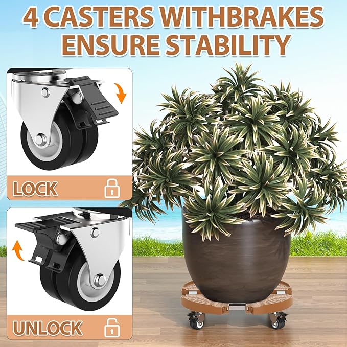 VANCASTLE Plant Caddy with Lockable Wheels Heavy Duty 450lbs Capacity, 15-22 Inch Adjustable Plant Stand with Wheels Rolling base, Plant Dolly for Flower Pot Mover Indoor Outdoor, Khaki, 1 Pack