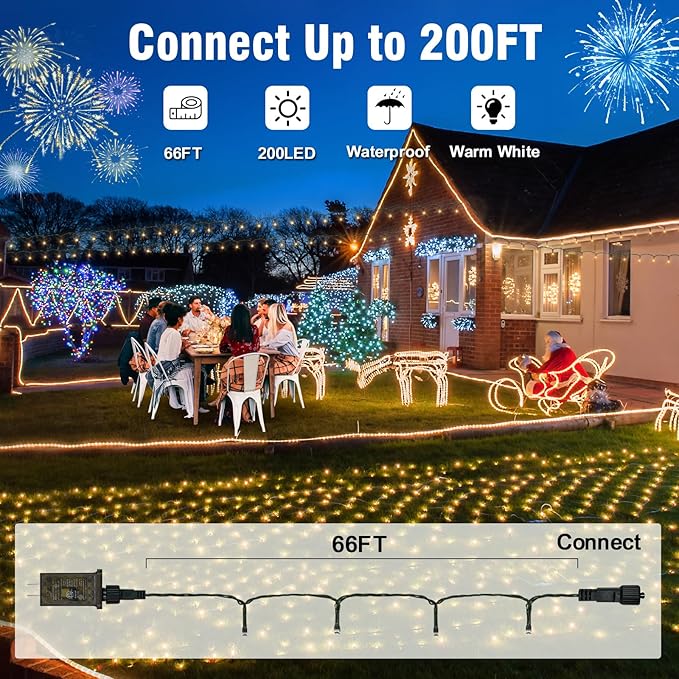 Nisocy 200 LED Christmas Connectable String Lights Outdoor Waterproof – Warm White Fairy Lights with Plug, Tree Lights for Patio, Garden, Bedroom, Wedding, Party, Decor (66FT)