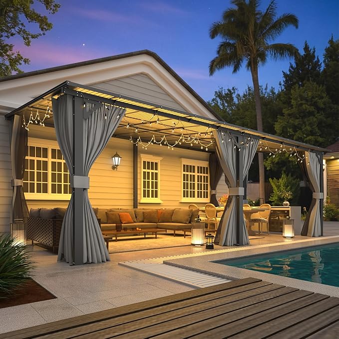 AECOJOY 20' X 12' Gazebo for Patio, Large Wall-Mounted Lean to Pergola Gazebo with Curtains and Netting, 12x20 Hard Top Pergolas and Gazebos on Clearance for Lawn Backyard Garden Deck