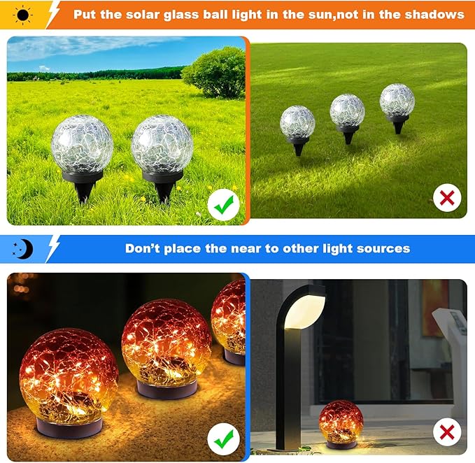 Solar Globe Lights Outdoor Waterproof-Solar Balls-Solar Garden Lights-Orbs for Outside 2 Pack Cracked Glass Ball for Lawn Patio Yard Backyard Decorations