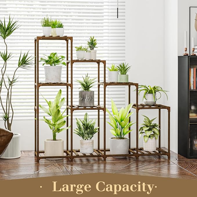 Bamworld Tall Plant Stand Indoor Wood Plant Shelf Outdoor Tiered Plant Rack for Multiple Plants 4 Tiers 10 Pots Ladder Plant Holder Plant Table for Plant Pots Boho Home Decor for Gardening Gifts