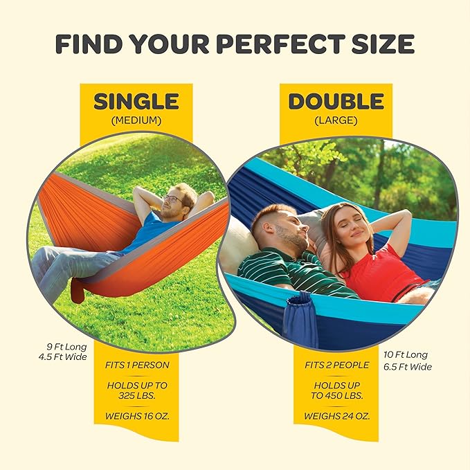 Durable Hammock 400 lb Capacity, Nylon Camping Hammock Chair - Double or Single Sizes w/Tree Straps and Attached Carry Bag - for Travel/Backpacking/Beach/Backyard (Medium, Orange & Light Grey)