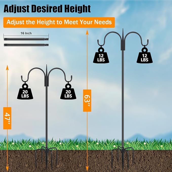 FEED GARDEN Adjustable Double Shepherds Hook for Outdoor with 5 Prong Base 63 Inch Heavy Duty Two Sided Bird Feeder Pole for Hanging Plant Baskets, Solar Light Lanterns, Wind Chimes