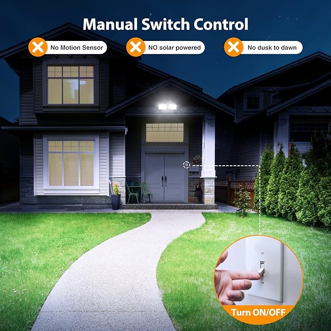 Onforu 3200LM Flood Lights Outdoor, 32W 6500K LED Security Light Manual Switch Controlled, IP66 Waterproof Outdoor Lights, Wall Mount Exterior Flood Light with 2 Adjustable Heads Floodlights Outside