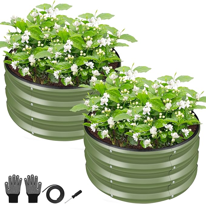 ZXZYHFTY Round Galvanized Raised Garden Bed kit,Green Outdoor Garden Raised Planter Box, Round Large Metal Raised Garden Beds for Vegetable 2 * 2 * 1ft 2 Pcs